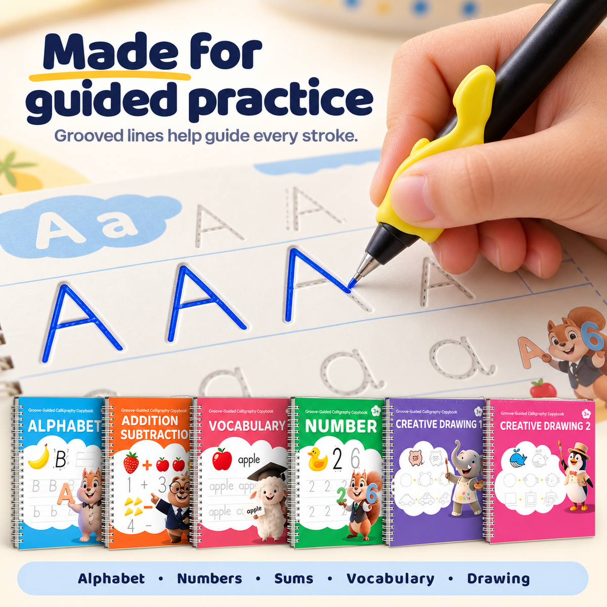 Child's hand tracing the letter A inside a grooved channel using the included pen and grip