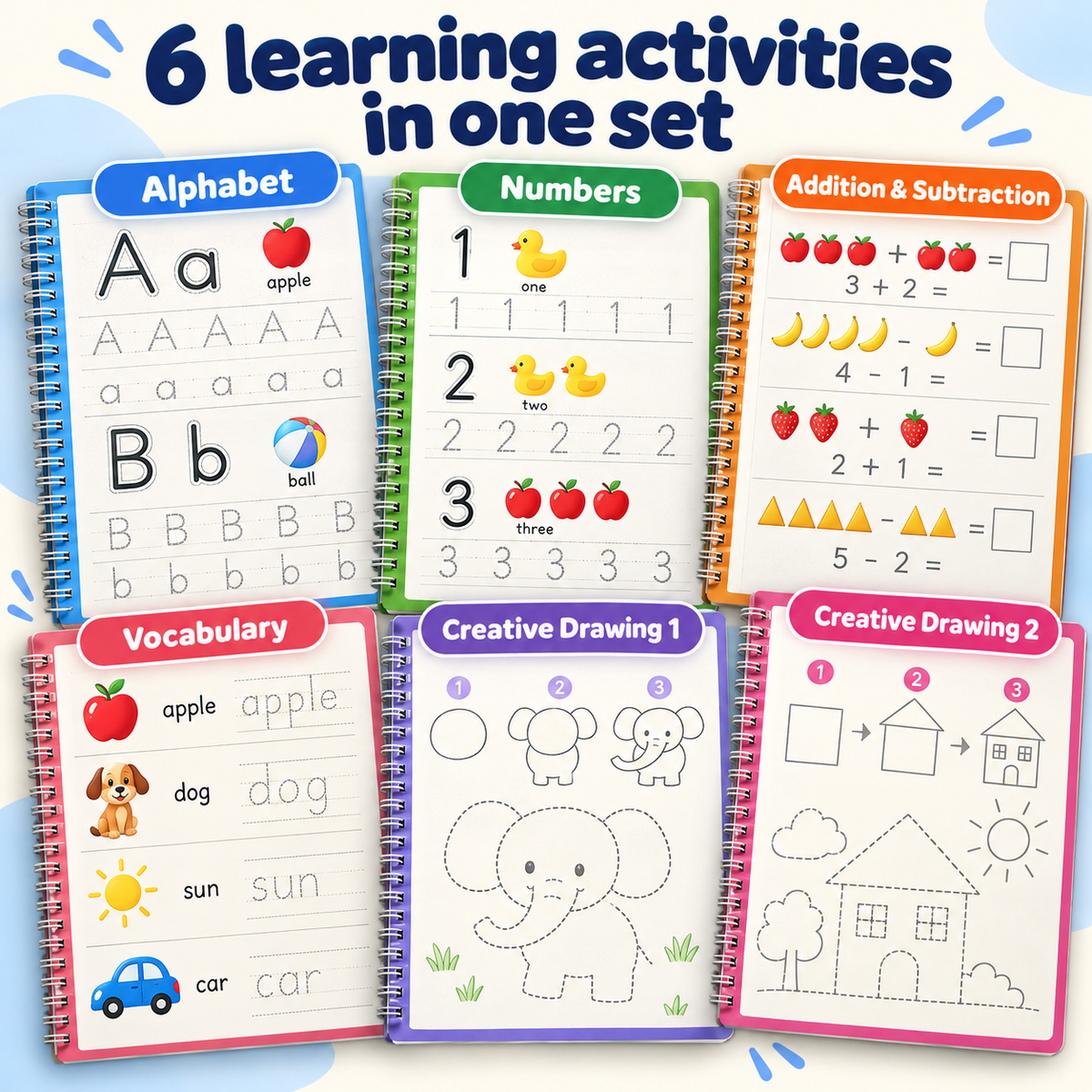 Inside pages of all six books: alphabet, numbers, addition and subtraction, vocabulary and drawing