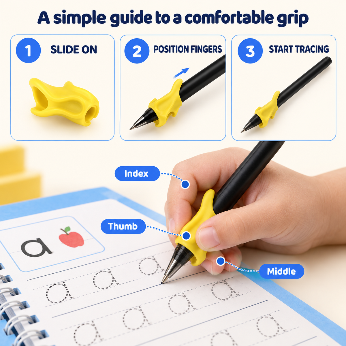 How to fit the grip trainer to the pen and position the thumb, index and middle finger