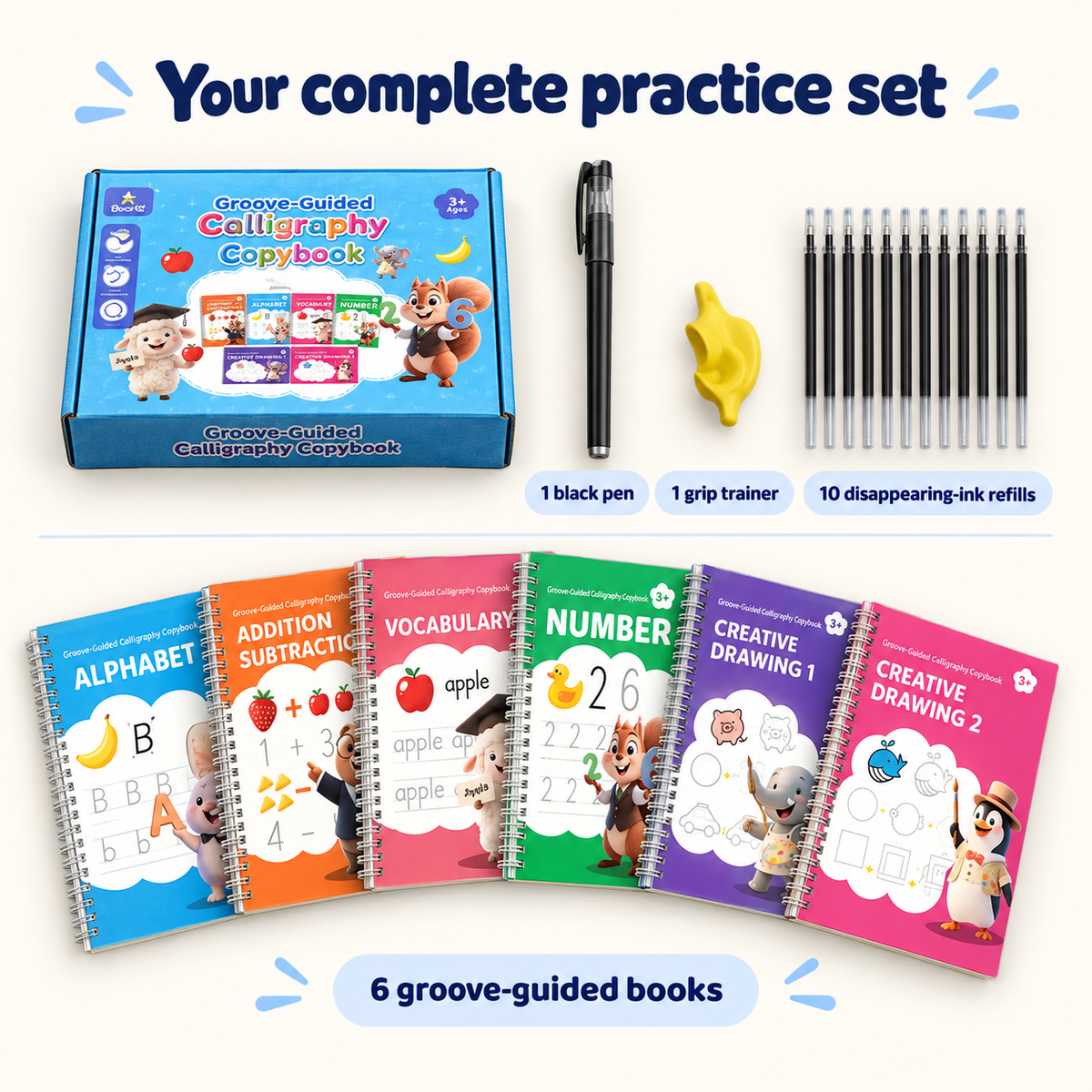 Everything in the box: six grooved books, one pen, one grip trainer and ten ink refills
